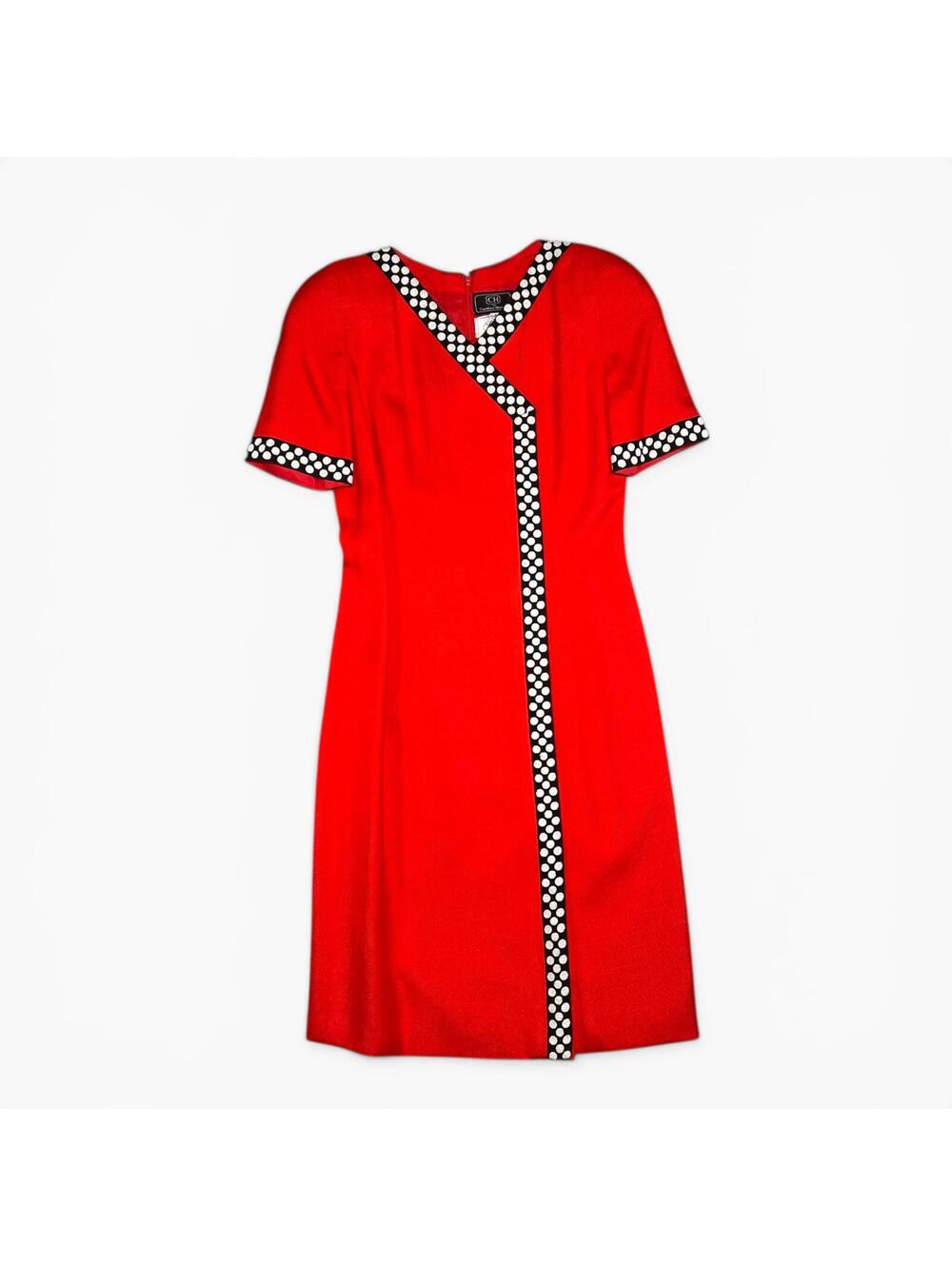 Vintage CH by Carolina Herrera Red Dress with Polka Dot Trim Size 4